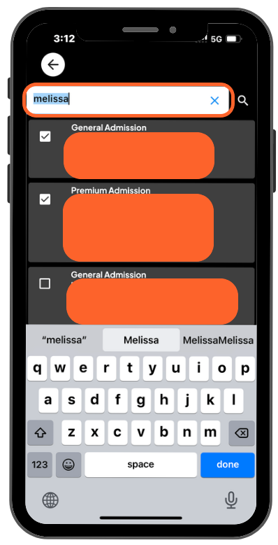 a mobile image showing users the search bar in the search tickets page where they can look up and attendee's information