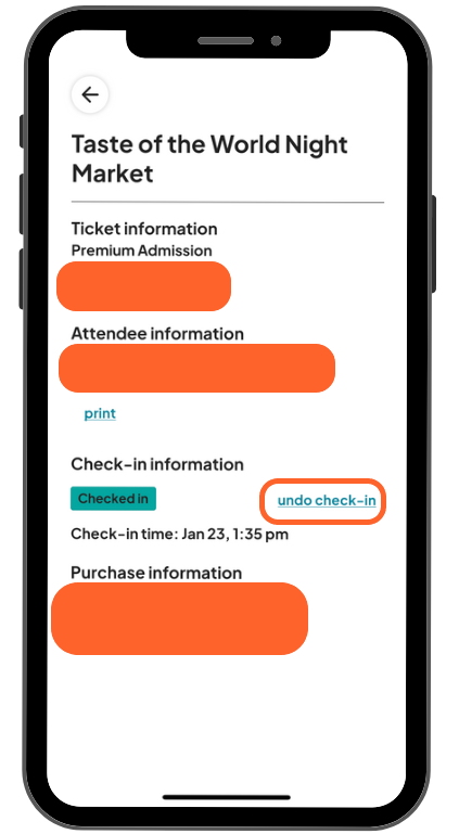 a mobile image showing users the undo checkin button written in blue text to the right of the ticket information page they have selected
