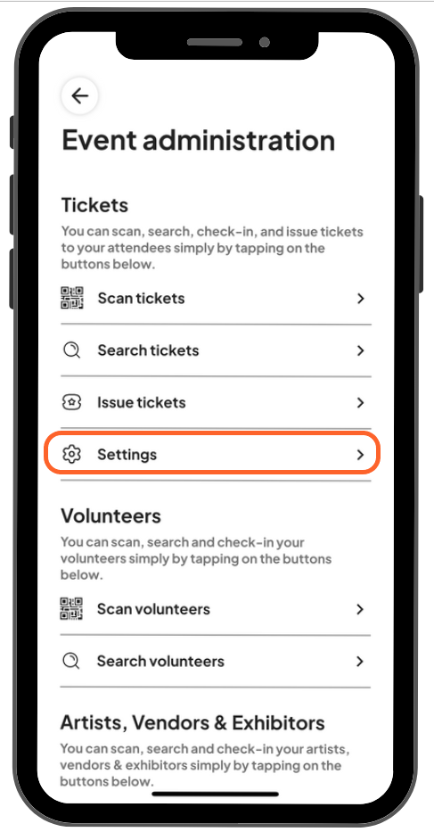 a mobile image showing users where to find the settings option at the bottom of the tickets section