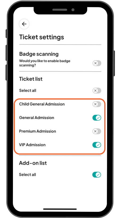 a mobile image showing users the ticket list when it is toggled off which shows a list of all the user's tickets that they can customize to be scannable or not