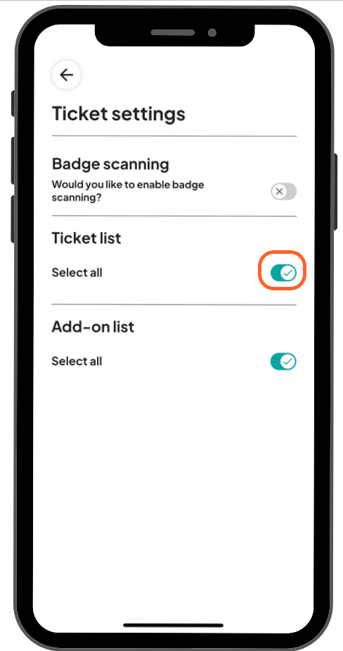 a mobile image showing users the ticket settings page with the ticket list toggled to green or enable mode