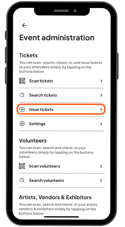 a mobile image showing users the event administration page with the issue tickets option highlighted