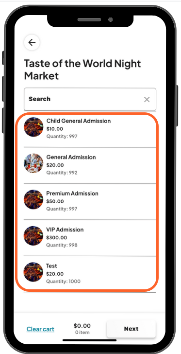 a mobile image showing users the page where they can choose the ticket the attendee wants