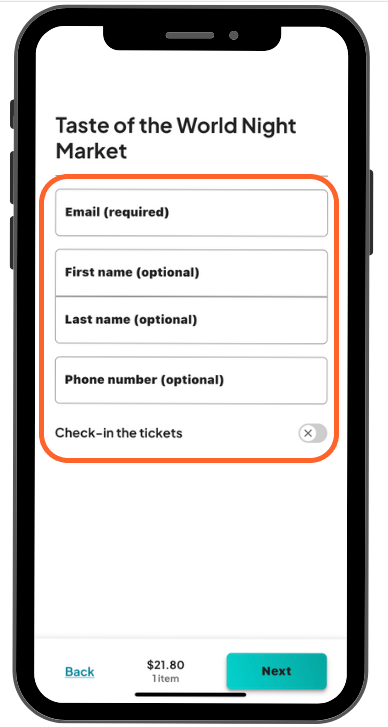 a mobile image showing users the part where they input the attendee information like name and email
