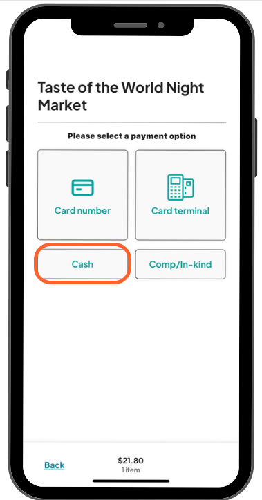 a mobile image showing users the payment option menu with the cash option highlighted