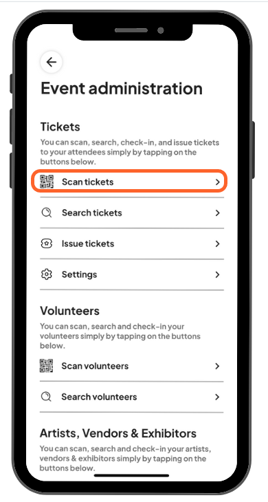 a mobile image showing users the scan tickets option under the tickets section in the event administration page
