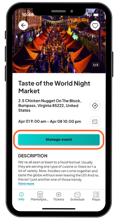 a mobile image showing users a highlighted blue manage event button in the middle of the screen