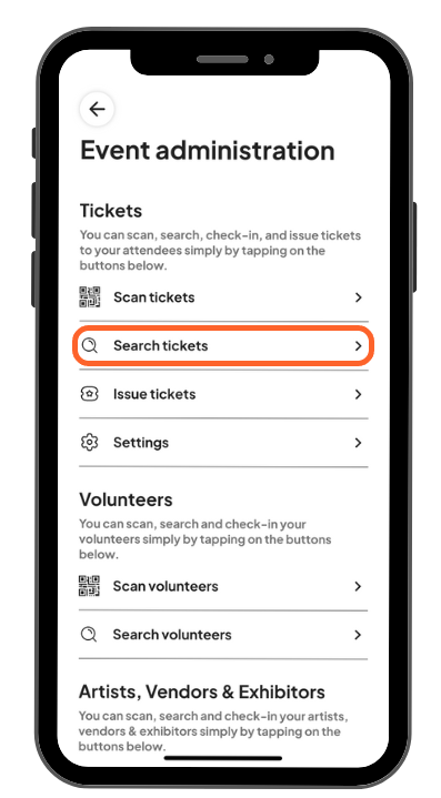a mobile image showing users the search tickets option on the event administration page