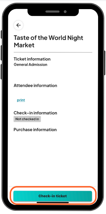 a mobile image showing users the ticket information screen with a highlighted blue check in button at the bottom