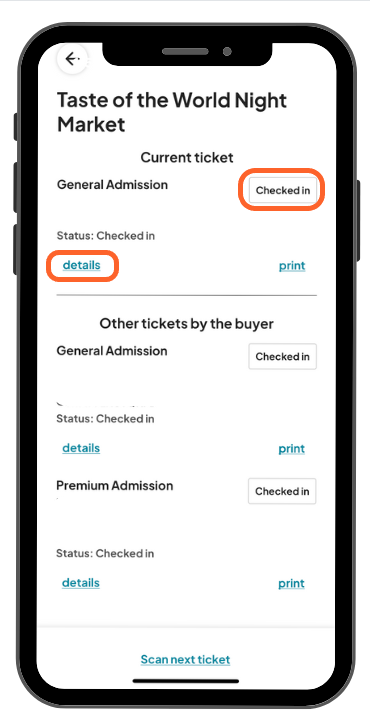 a mobile image showing users the screen after QR code ticket scanning with the checked in button highlighted and the details button highlighted