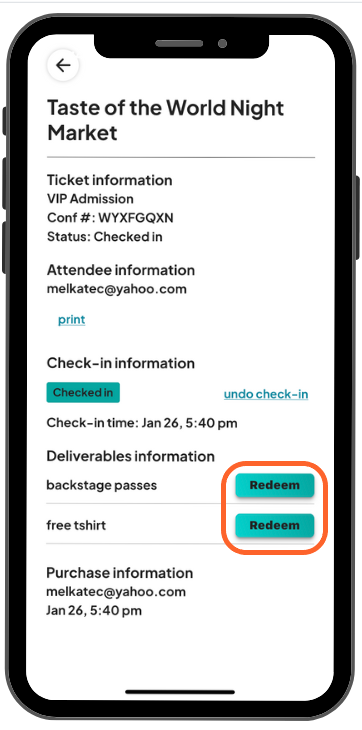 a mobile image showing users the ticket information screen with the redeemable deliverables buttons in blue