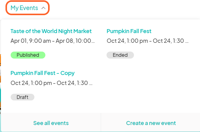 an image showing users where to find the my events tabs at the top of the homepage