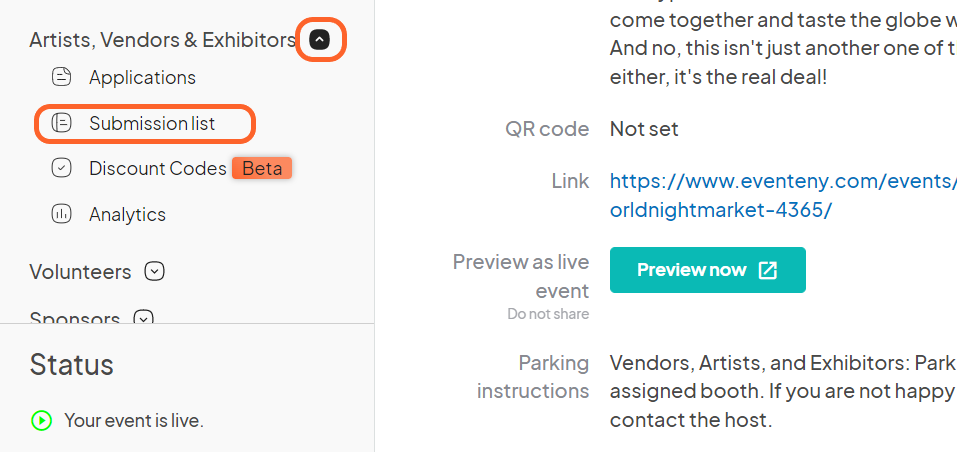 an image showing users where to find the submission list for vendors on the left side of the event dashboard