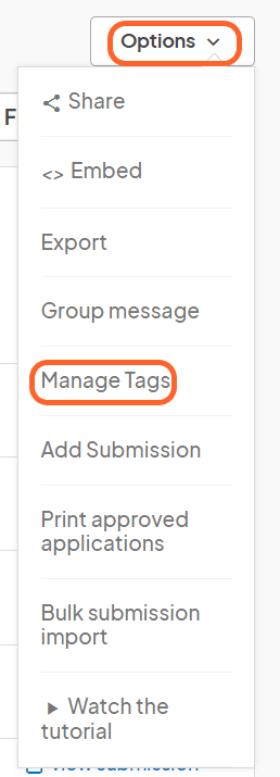 an image showing users the options drop down menu where they can find the manage tags selection