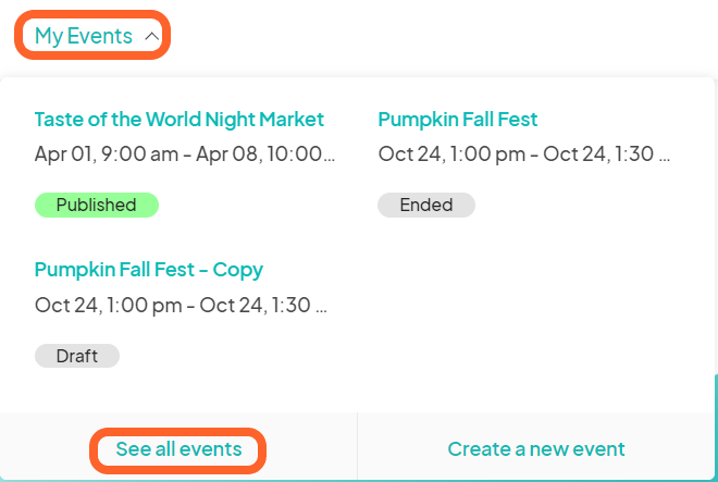 an image showing users where to find the button to see all events to access their event organizer dashboard