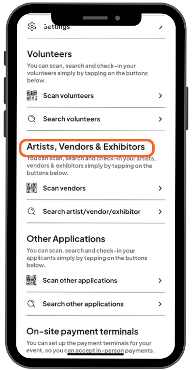 a mobile image showing users where to find the vendor section on the event administration page