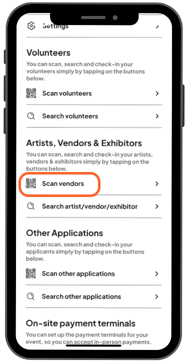 a mobile image showing users where the scan option is under the vendor section