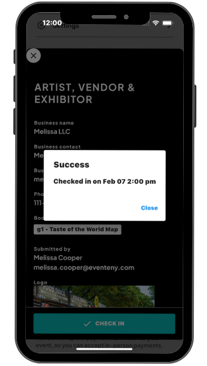 a mobile image showing users showing the confirmation check in message to indicate that check in was successful