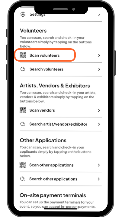 a mobile image showing users the scan volunteers option under the volunteers tab