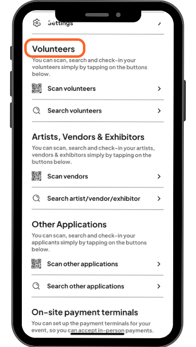a mobile image showing users where the volunteers section is on the event administration page