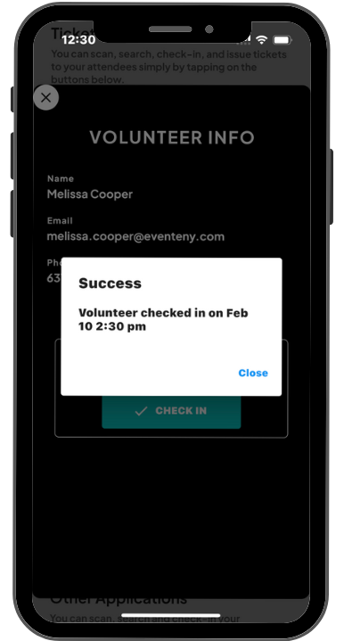 a mobile image showing users the confirmation pop up indicating that the check in was successful