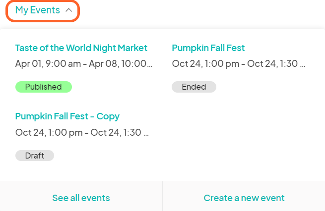 an image showing users where to find the my events tab at the top of the home page
