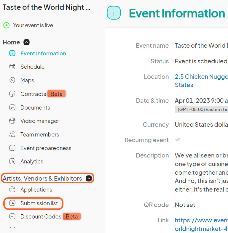 an image showing users the where they can find the vendor submission list on the left side bar of the event dashboard