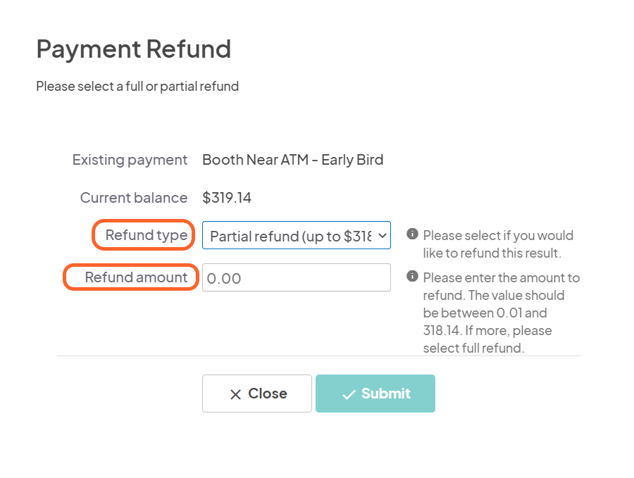 an image showing users the pop up window where they can select the refund type and input the partial amount they would like to refund