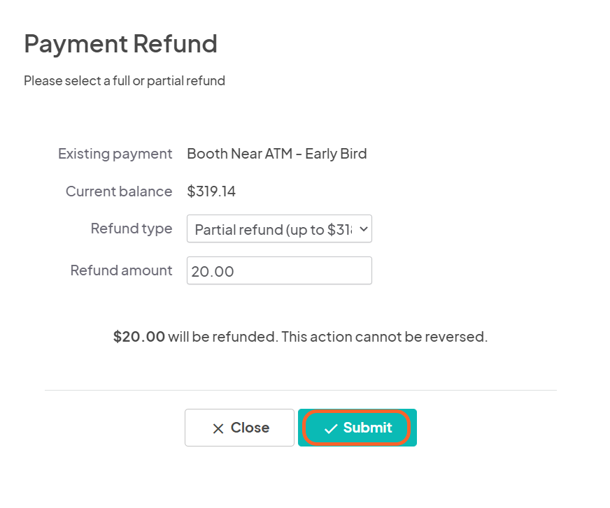 an image showing users the submit button located at the bottom of the refund pop up window