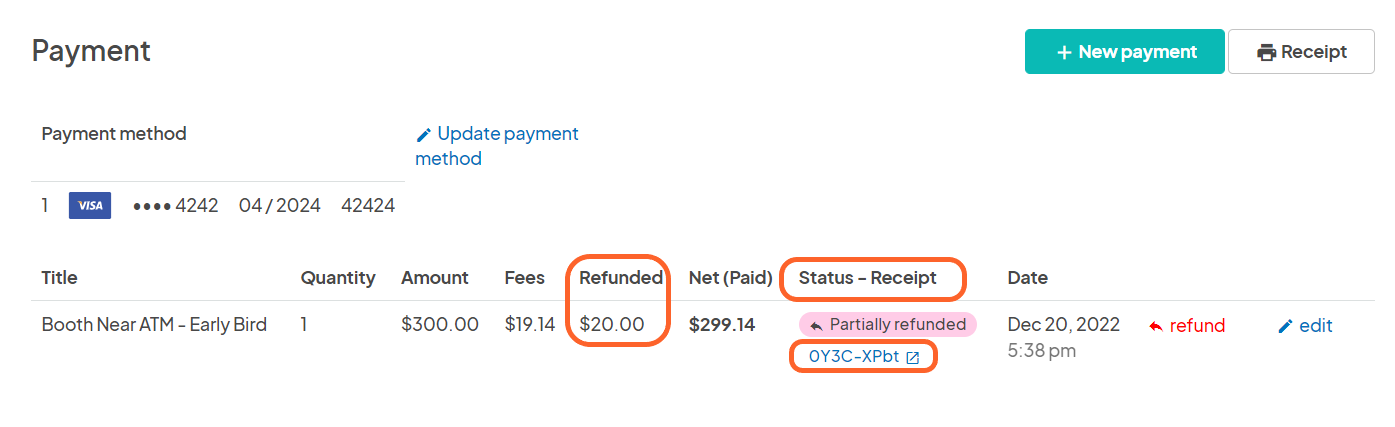 an image showing users what the payment section looks like when they've processed the refund