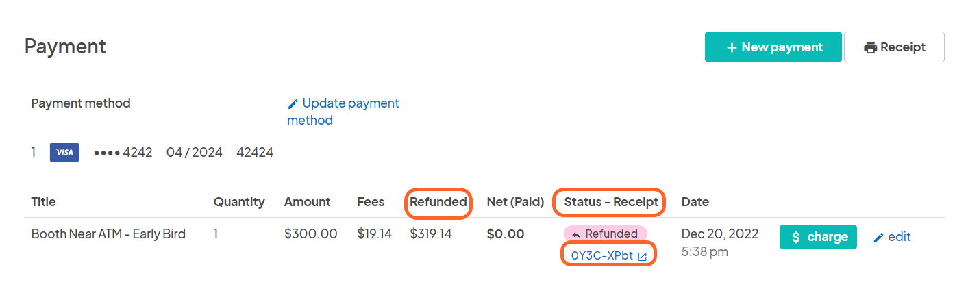 an image showing users what the payment section looks like when they have processed the full refund