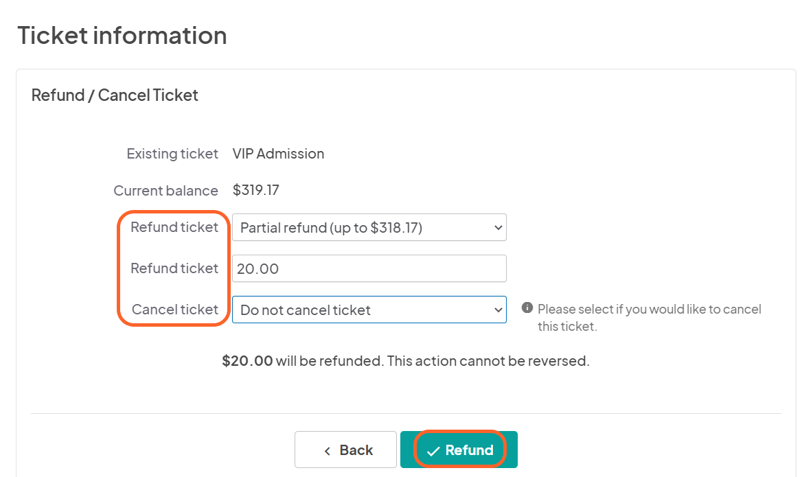 an image showing users the partial refund option, amount input, and cancel ticket option followed by a highlighted refund button