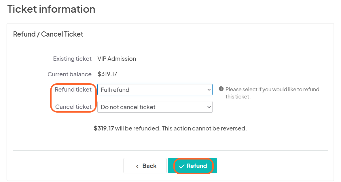 an image showing users the full refund option and cancel ticket option followed by a highlighted refund button