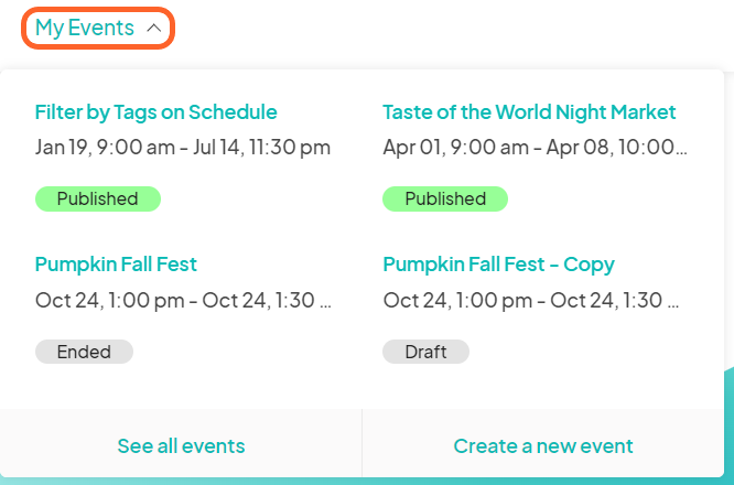 an image showing users where to find their events under the my events tab