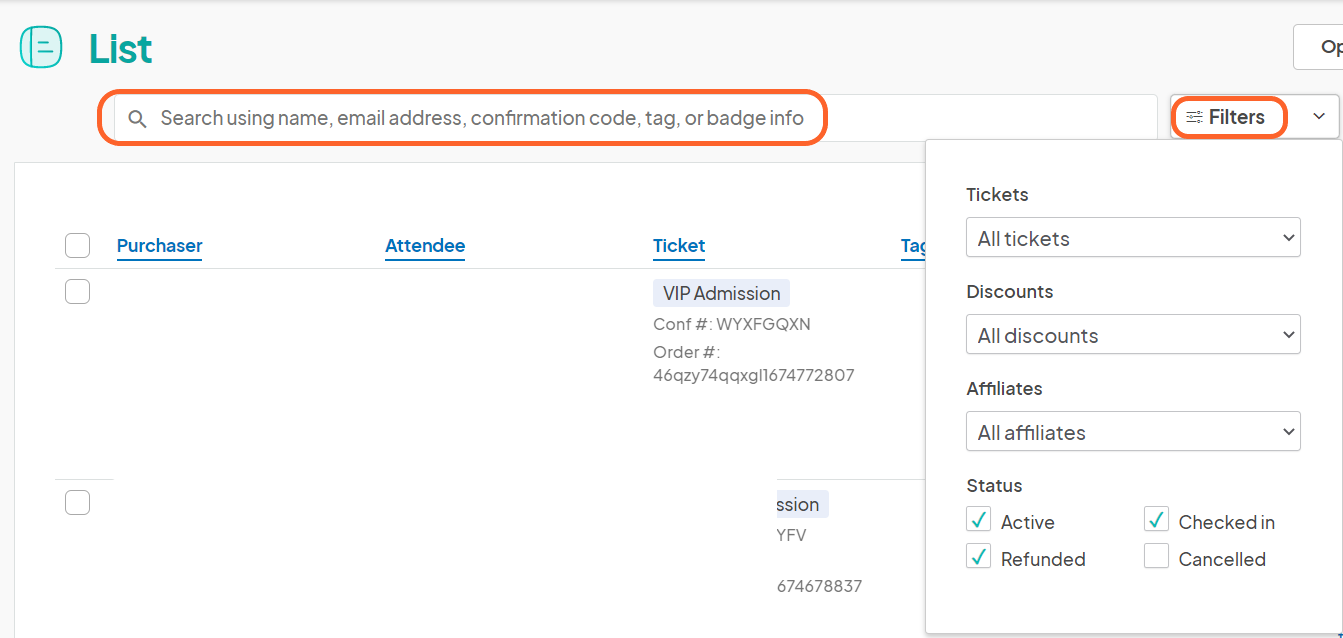 an image showing users the top search bar and filters drop down menu on the ticket list page