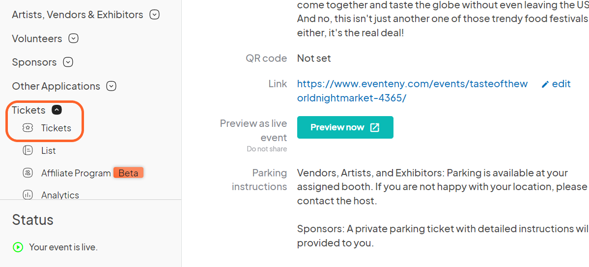 an image showing users where to find the tickets tab on the left sidebar of their event dashboard