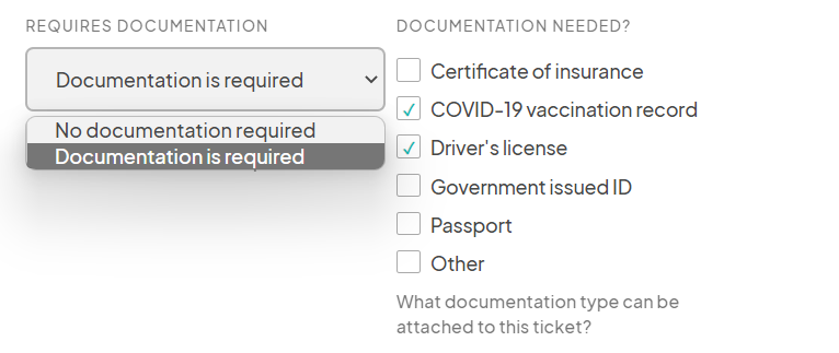 an image showing users the documentation is required selection along with the documentation items to the right