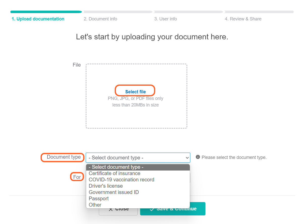 an image showing users the first step in uploading documentation