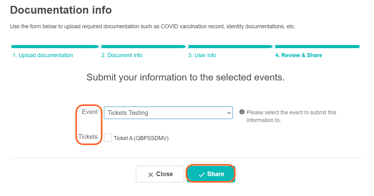 an image showing users the last step in uploading documentation where they can choose the corresponding event and tickets to send the documentation to