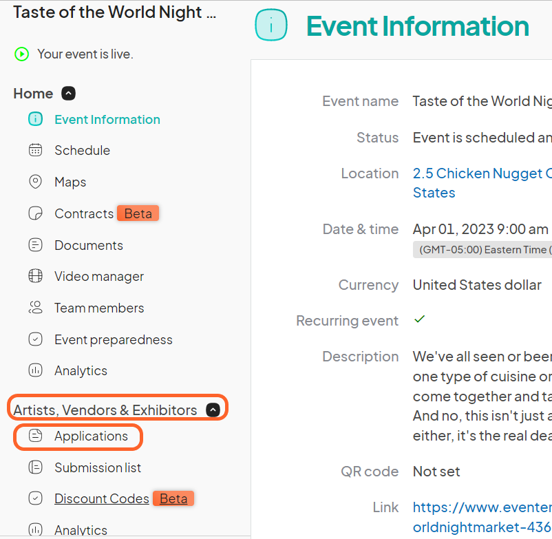 an image showing users the event dashboard with the vendor applications section highlighted to the left