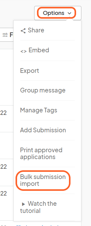 an image showing users the options and bulk submission import buttons at the top right corner of the submission list
