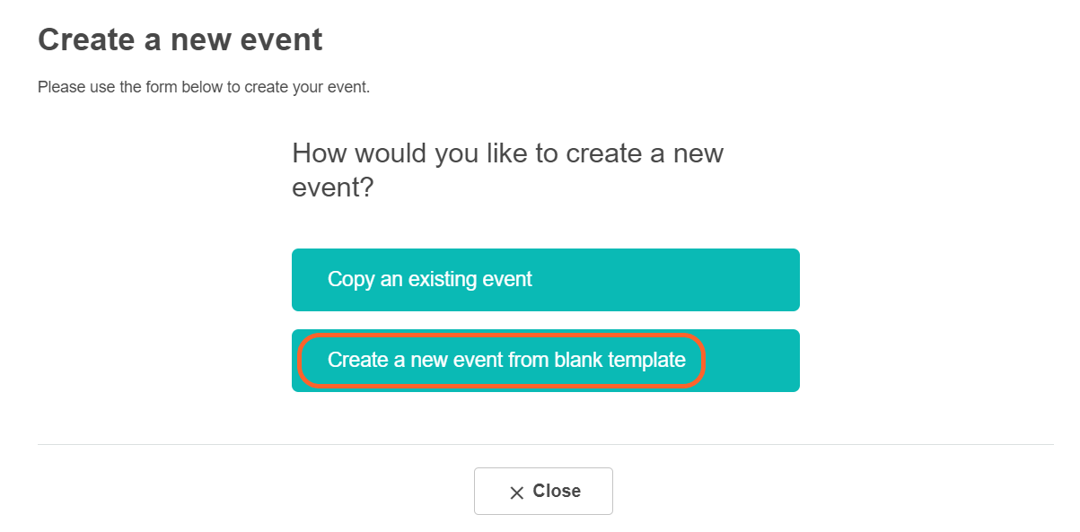 an image showing users the event creation pop up with the blank template option highlighed for the those that are creating their first event