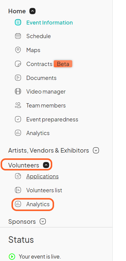 an image showing users the event dashboard left side bar where they can find the volunteers tab with the analytics option highlighted