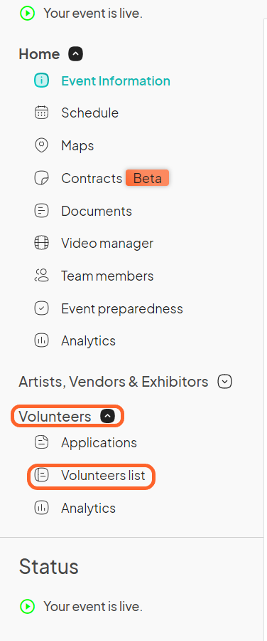 an image showing users the event dashboard with the volunteers list option highlighted