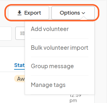 an image showing users the export and options buttons at the top right corner of the volunteer list page