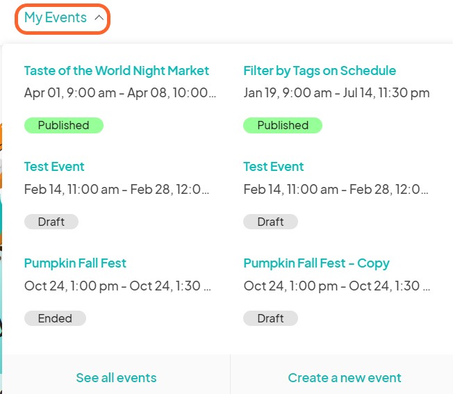 an image showing users where to find the my events tab on the Eventeny home page