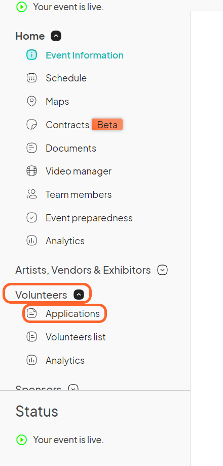 an image showing users the event dashboard with the volunteers applications option highlighted