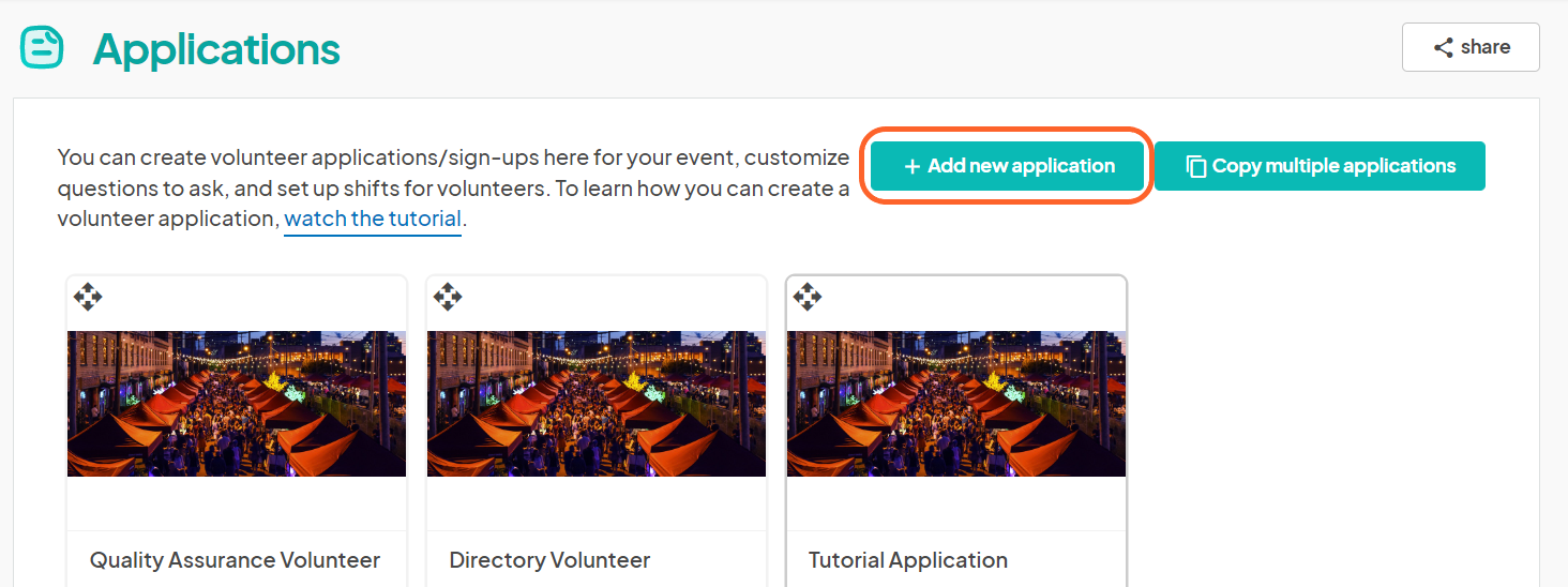 an image showing users the volunteer application page where the create new application button is highlighted