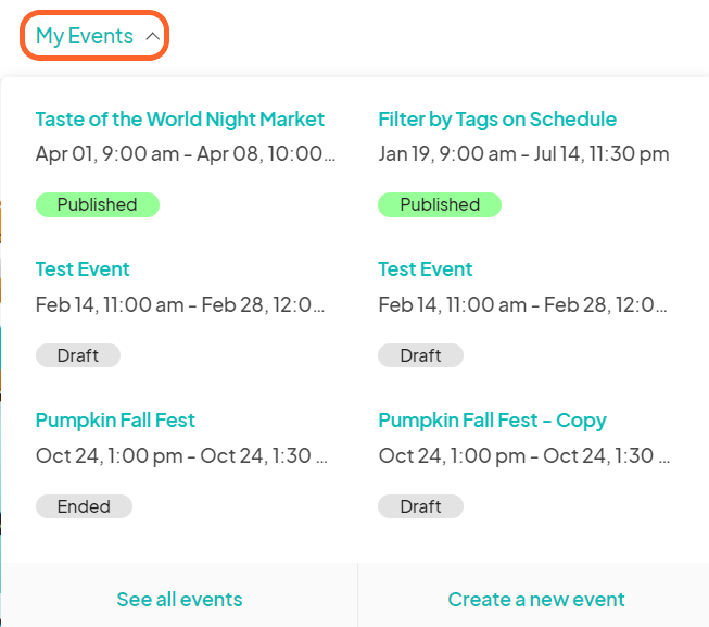 an image showing users where to find the my events tab at the top of the home page