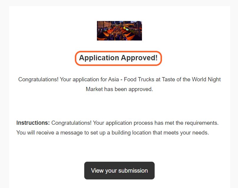 an image showing users what the confirmation email looks like when their application has been approved